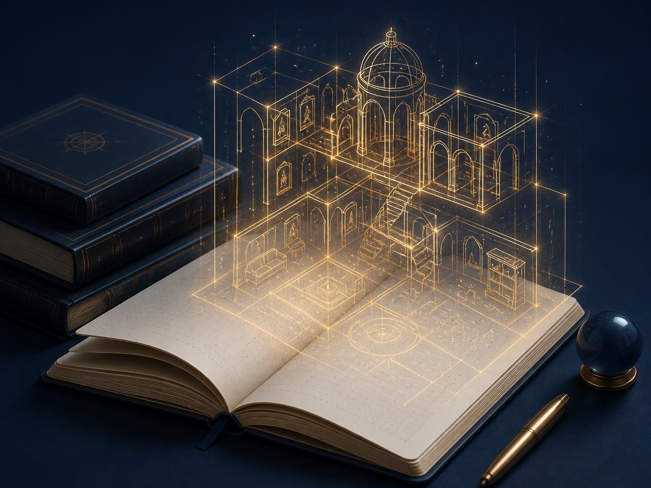 An open study notebook with a luminous memory palace floor plan rising from its pages
